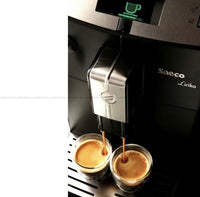 Espresso Machine with milk frother and two cups being filled with coffee